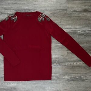 Zara Knit Red Sweatshirt with Silver Leaf Accents